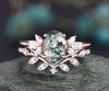 Vintage oval cut green moss agate engagement ring set rose gold art deco leaf flower opal ring siver moissanite wedding ring set for women