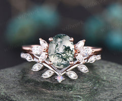 Vintage oval cut green moss agate engagement ring set rose gold art deco leaf flower opal ring siver moissanite wedding ring set for women