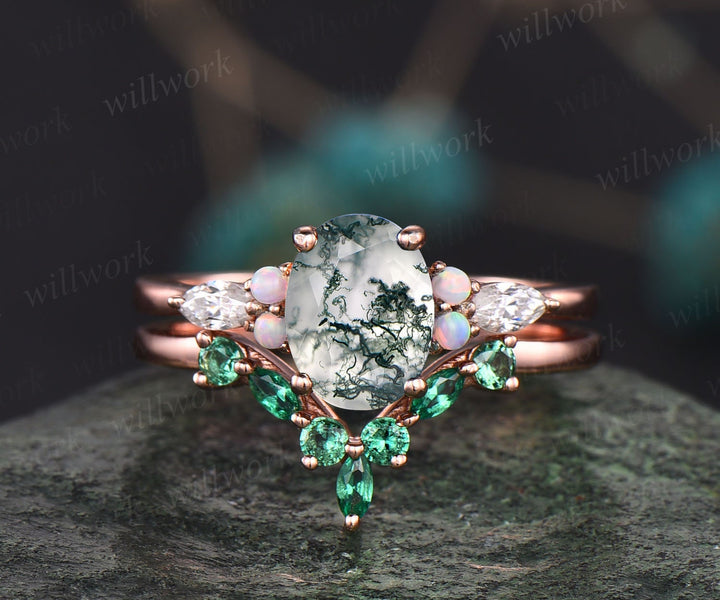 Oval moss agate ring gold for women vintage moss agate engagement ring set opal ring set art deco emerald ring rose gold bridal wedding set