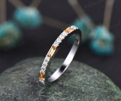 Rectangle citrine wedding ring vintage diamond wedding band solid 14k white gold dainty diamond ring for women bridal anniversary ring gift