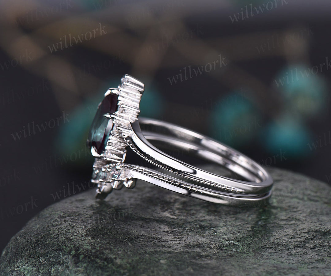 Pear Alexandrite ring gold silver for women vintage Alexandrite engagement ring set white gold milgrain cluster moissanite wedding ring set