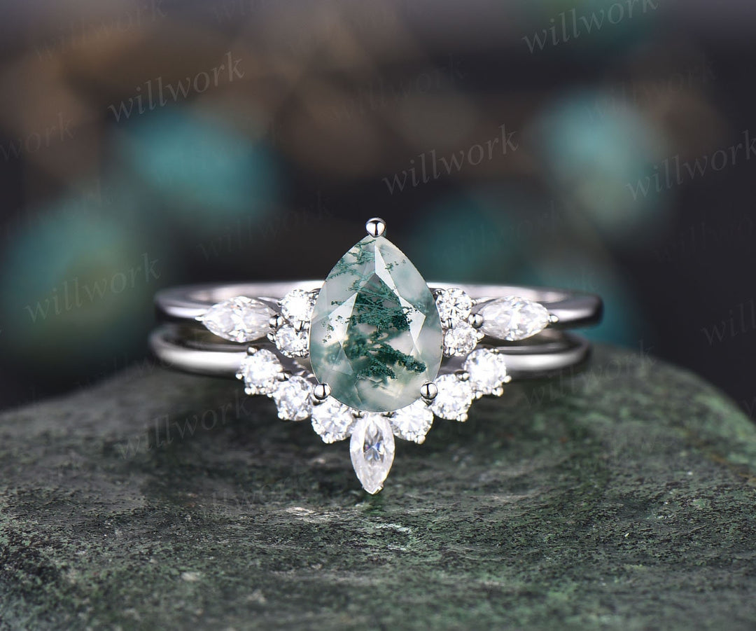 Vintage moss agate engagement ring set white gold art deco ring moissanite ring set green moss ring set custom jewelry bridal wedding set