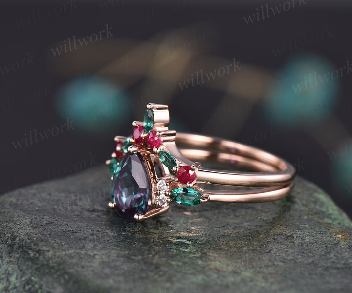 Pear Alexandrite engagement ring set art deco emerald ring set natural ruby ring real diamond ring vintage rose gold unique bridal ring set