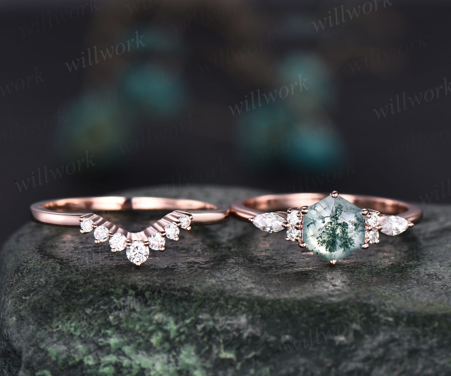 14K Rose Gold Moss Agate offers Ring, Moissanite Solitaire Ring, East to West Hexagon Ring, Green Diamond Classic Ring, Engagement Anniversary Ring