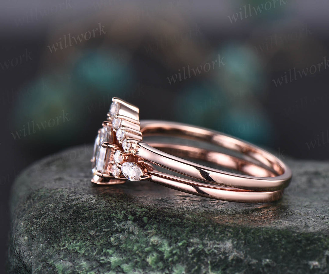 Hexagon moissanite engagement ring set rose gold art deco wedding ring set marquise ring setting prong custom ring dainty bridal ring set