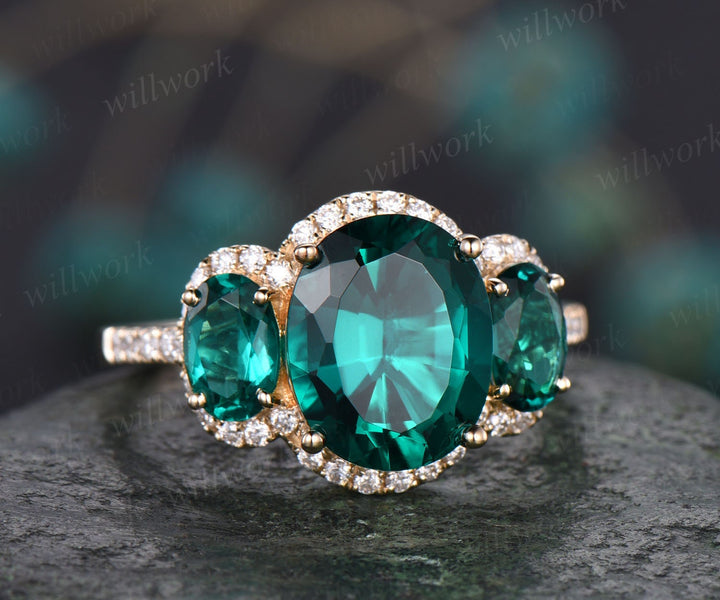 8x10mm oval cut emerald engagement ring vintage emerald ring rose gold halo moissanite bridal May birthstone promise anniversary ring women