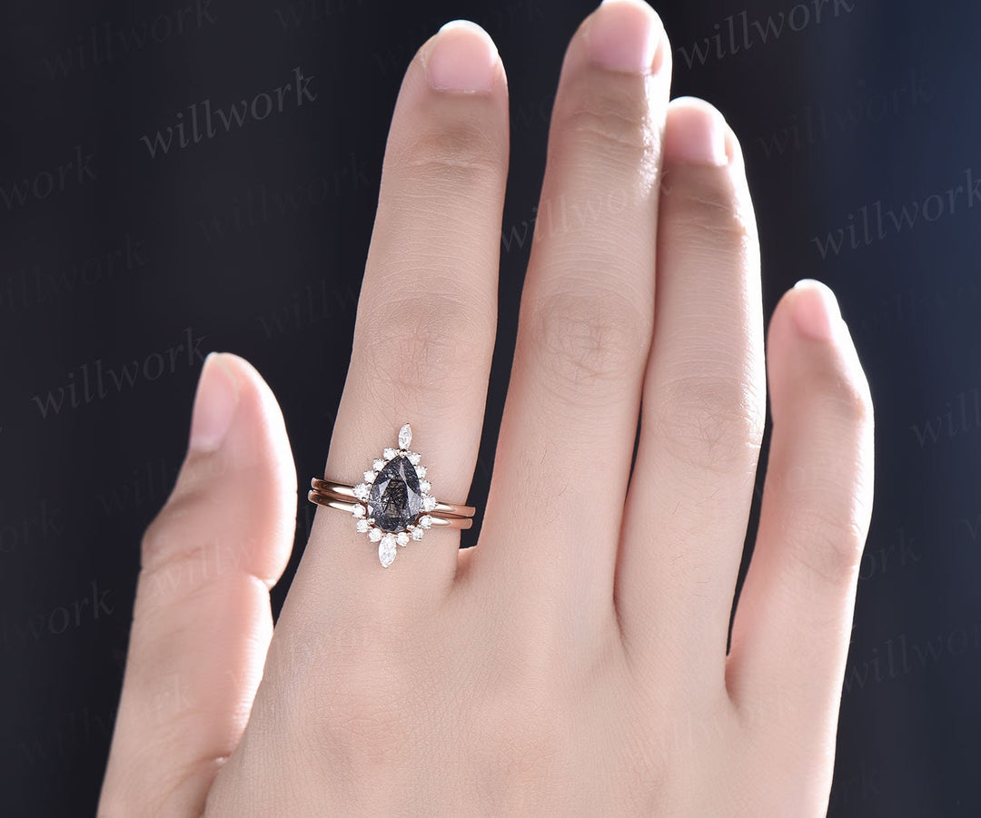 Pear black rutilated quartz engagement ring set vintage dainty halo marquise ring setting rose gold wedding prmoise bridal ring set women