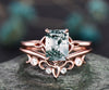 Unique moss agate ring set for women Emerald cut moss agate engagement ring set rose gold vintage Solitaire ring Norse Viking ring Jewelry