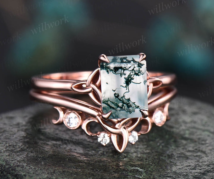 Unique moss agate ring set for women Emerald cut moss agate engagement ring set rose gold vintage Solitaire ring Norse Viking ring Jewelry