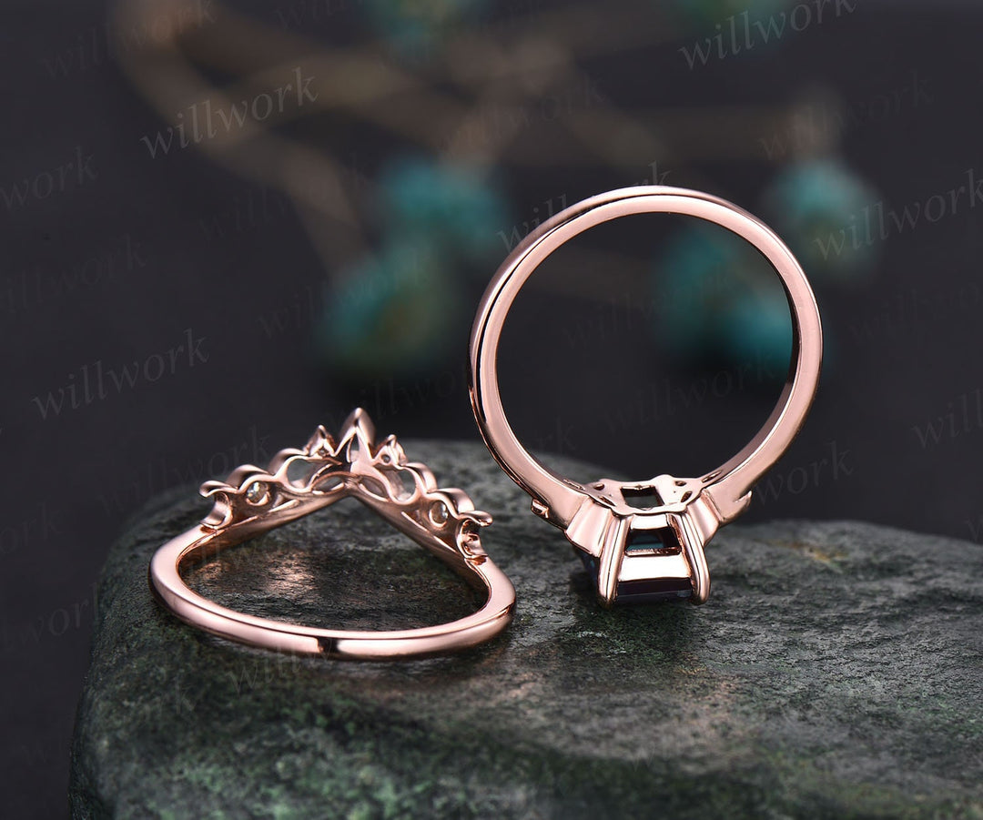 Unique moss agate ring set for women Emerald cut moss agate engagement ring set rose gold vintage Solitaire ring Norse Viking ring Jewelry