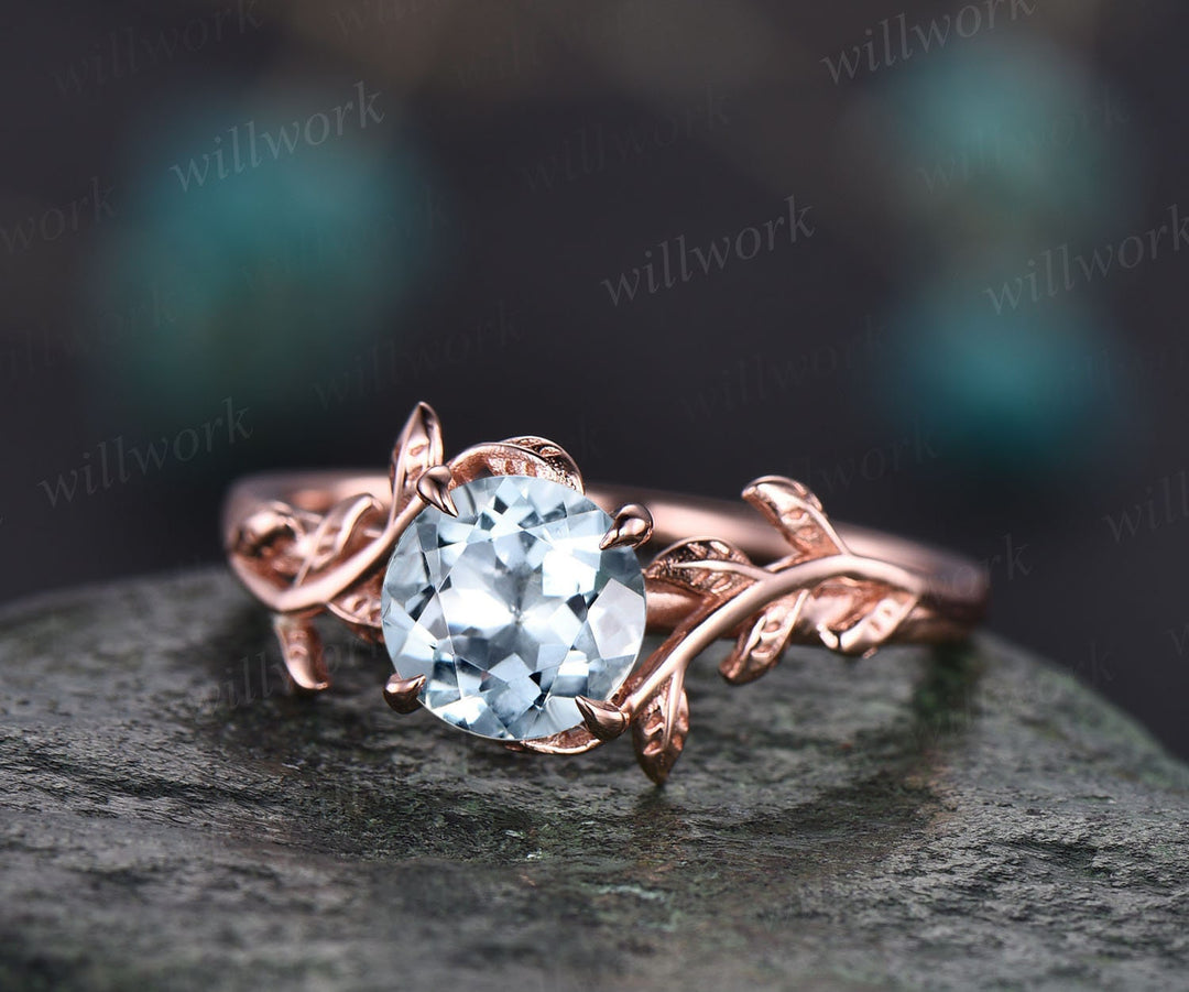 Vintage aquamarine ring for women unique round aquamarine engagement ring leaf flower rose gold solitaire ring antique dainty wedding ring