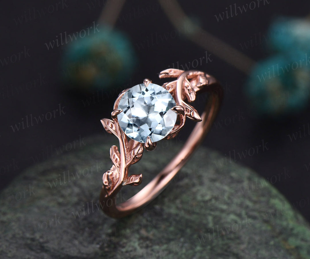 Vintage aquamarine ring for women unique round aquamarine engagement ring leaf flower rose gold solitaire ring antique dainty wedding ring
