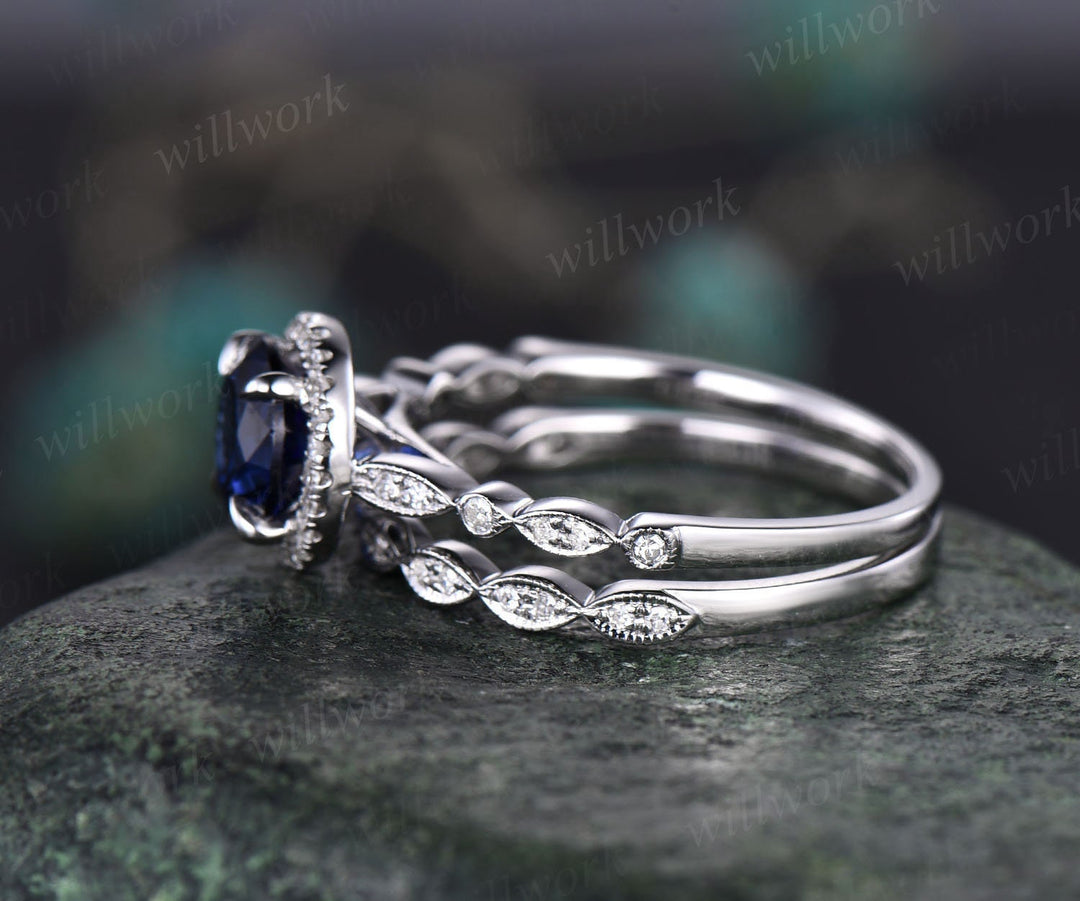 Art deco sapphire engagement ring set vintage halo Milgrain diamond ring white gold marquise ring setting women September birthstone ring