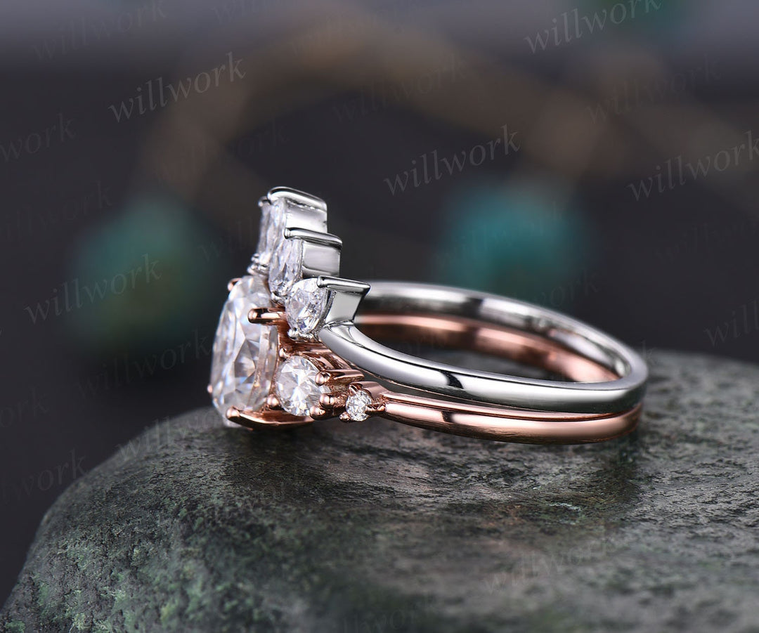 Oval cut moissanite engagement ring set five stone rose gold ring set art deco vintage ring women unique anniversary ring set custom ring