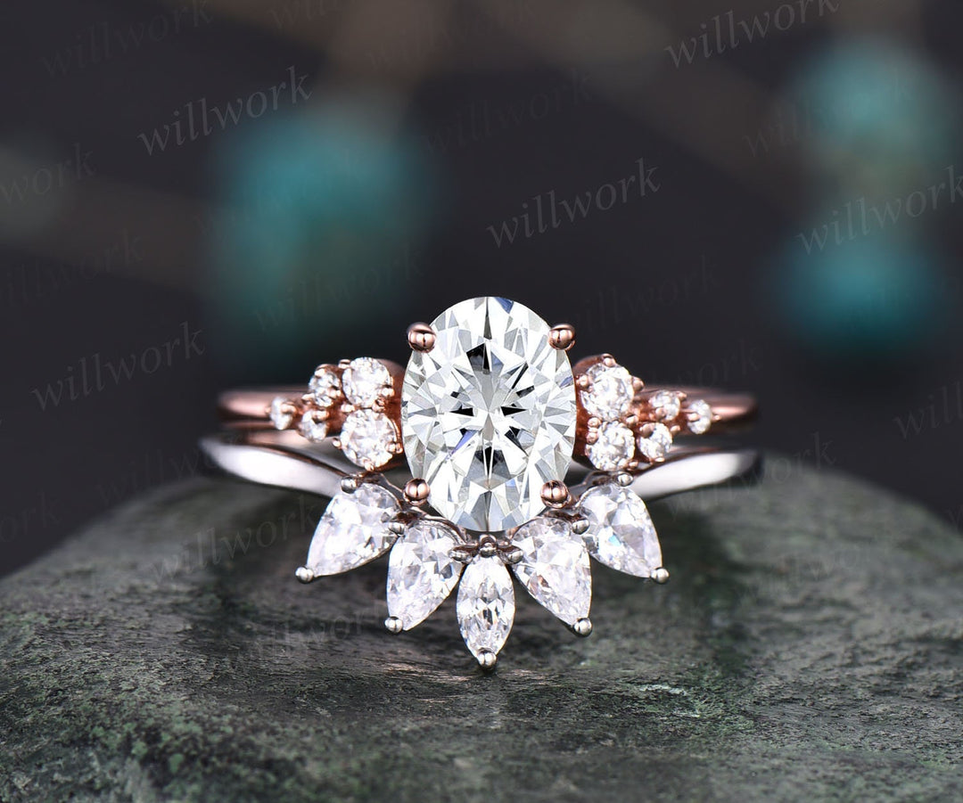 Unique moissanite wedding set oval moissanite engagement ring set