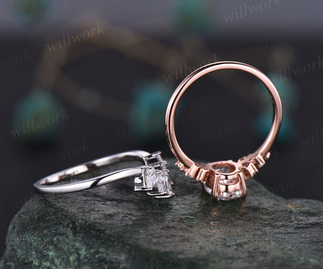 Unique moissanite wedding set oval moissanite engagement ring set rose gold vintage cluster art deco ring for women prong set bridal ring