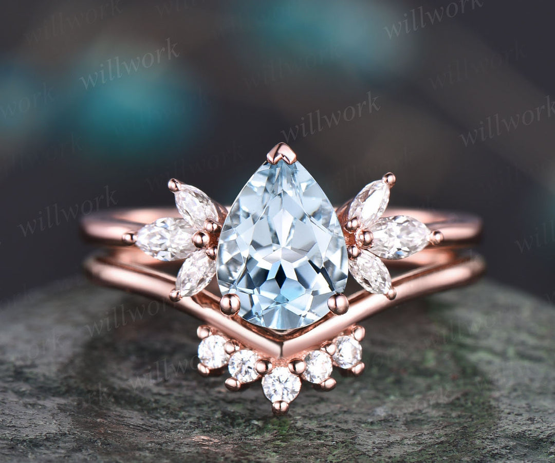 Vintage aquamarine bridal ring set Pear aquamarine engagement ring set art deco rose gold ring unique moissanite wedding ring set women gift