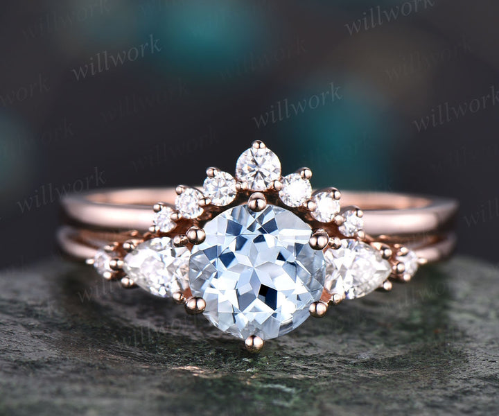 Unique aquamarine wedding ring set vintage aquamarine engagement ring set five stone pear moissanite promise ring set March birthstone ring