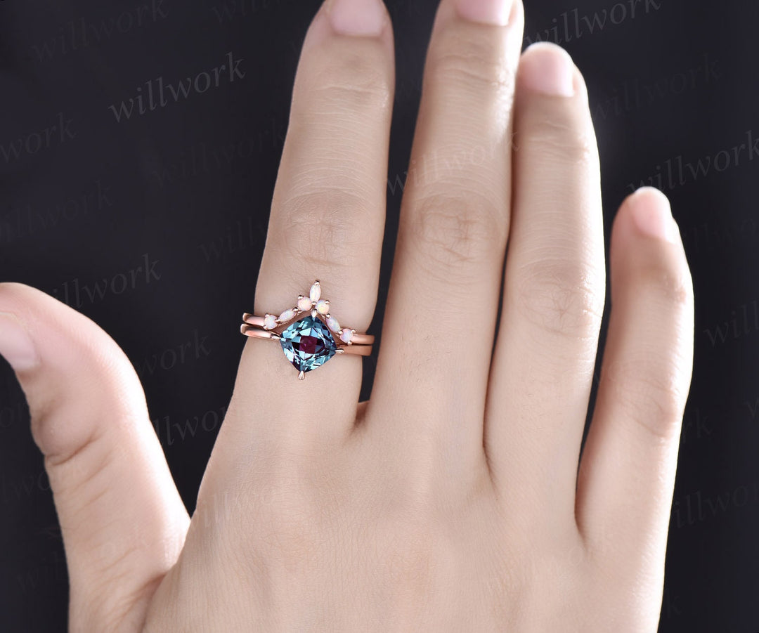 Vintage Alexandrite ring set women cushion cut Alexandrite engagement ring set art deco opal ring band June birthstone ring bridal ring set