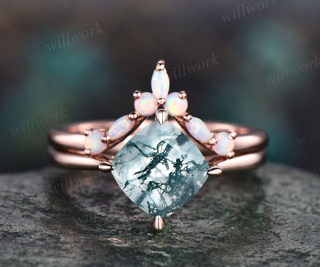Solitaire cushion cut moss agate engagement ring set rose gold silver art deco opal ring vintage opal wedding band unique promise ring gifts