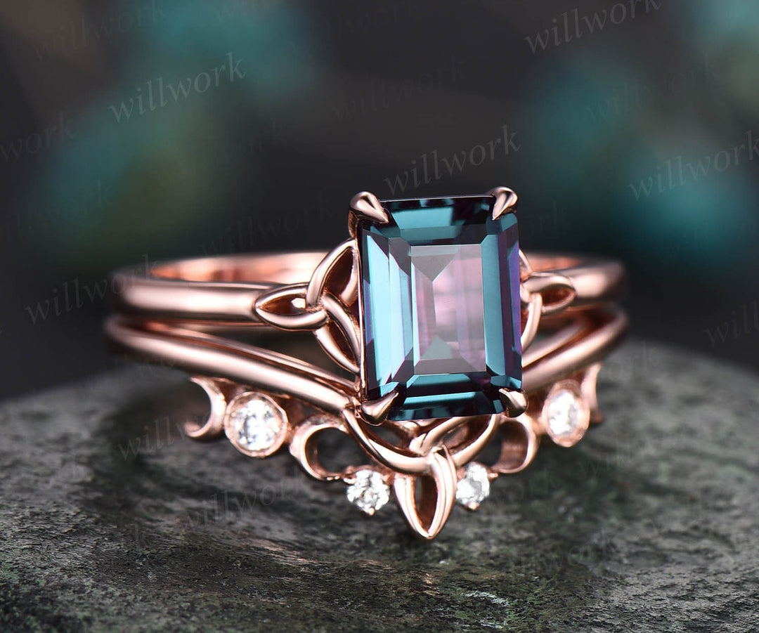 Vintage solitaire emerald cut alexandrite engagement ring set rose gold silver moissanite Norse Viking Celtic Knot ring band jewelry women