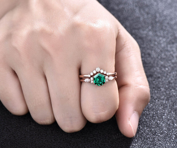 Hexagon emerald engagement ring set art deco moissanite wedding ring set emerald ring vintage rose gold silver for women marquise ring set