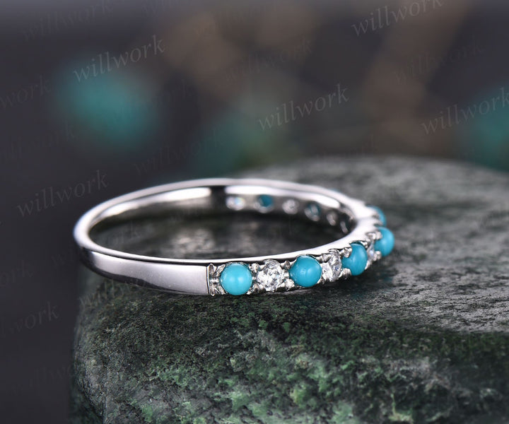 Turquoise wedding ring turquoise wedding band vintage Turquoise ring white gold silver ring for women eternity bridal annniversary ring gift