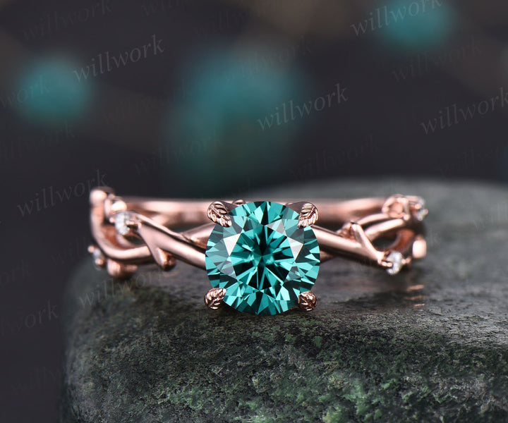 Round green moissanite engagement ring vintage leaf twisted diamond ring rose gold dainty custom ring women bridal anniversary promise ring