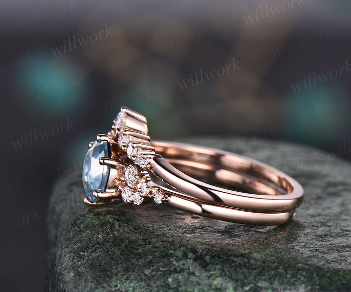 Aquamarine ring set vintage aquamarine engagement ring set unique snowdrift engagement ring rose gold cluster dainty moissanite ring women