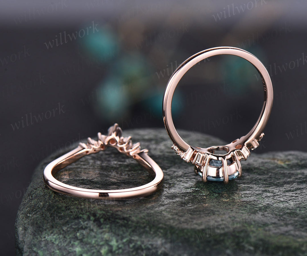 Unique vintage aquamarine engagement ring set cluster dainty moissanite ring rose gold Sterling Silver ring for women March birthstone ring