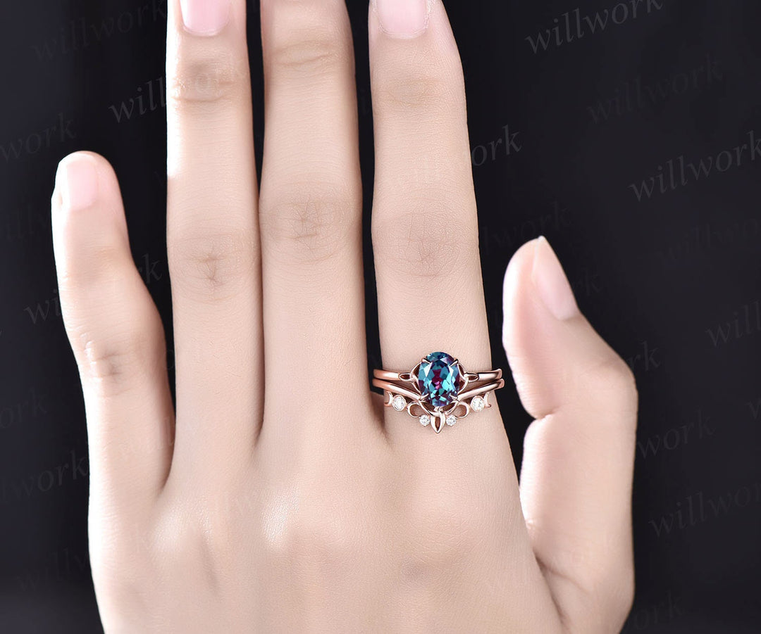 Oval shape alexandrite engagement ring set vintage solitaire oval alexandrite ring rose gold silver for women unique anniversary ring set