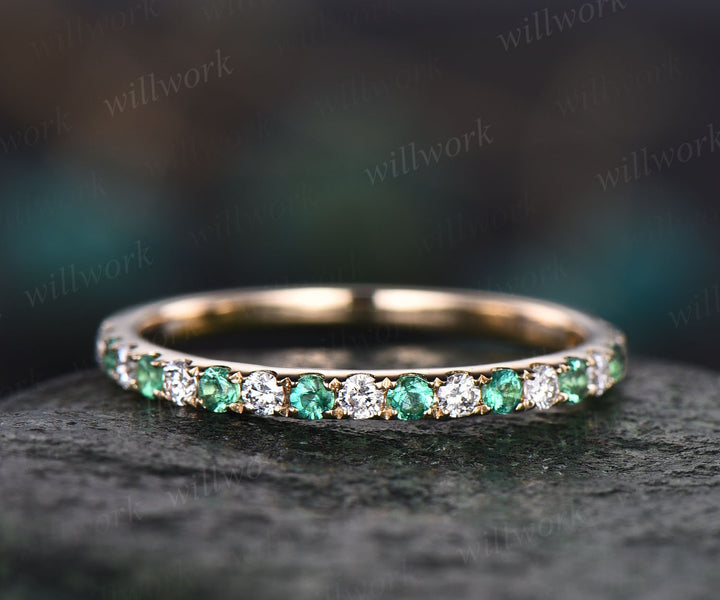 Natural emerald wedding band half eternity diamond wedding ring band diamond ring vintage gold women anniversary ring May birthstone ring
