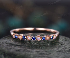 Natural sapphire wedding ring opal wedding band sapphire ring gold opal ring vintage Milgrain wedding ring band bridal anniversary gifts