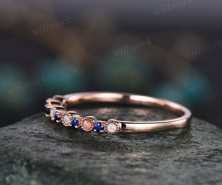 Natural sapphire wedding ring opal wedding band sapphire ring gold opal ring vintage Milgrain wedding ring band bridal anniversary gifts