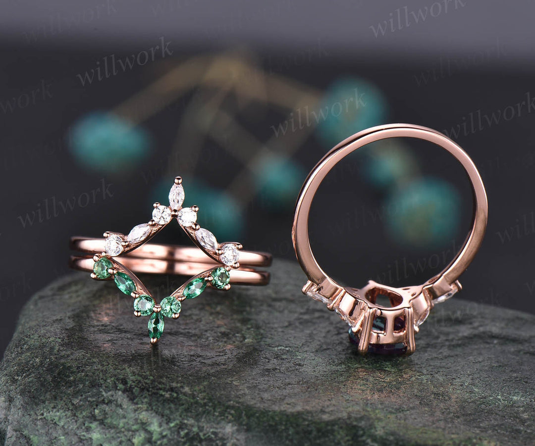 Vintage pear moss agate engagement ring set art deco flower moissanite ring set rose gold silver marquise emerald ring for women jewelry