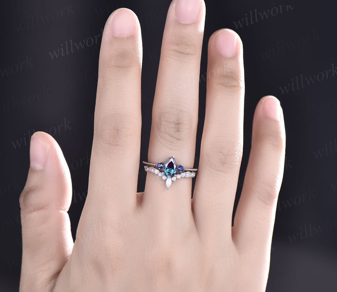 Vintage Alexandrite engagement ring set three stone sapphire ring set art deco opal ring gold silver moissanite ring for women wedding set