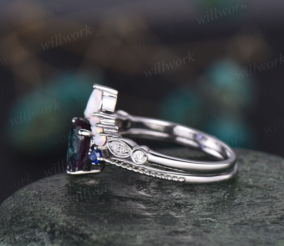 Vintage Alexandrite engagement ring set three stone sapphire ring set art deco opal ring gold silver moissanite ring for women wedding set
