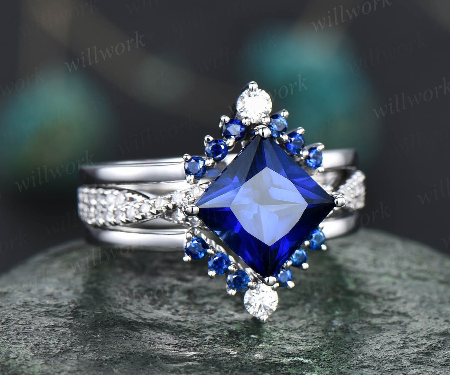Princess cut double halo blue sapphire engagement ring - Glacier® Jewelry