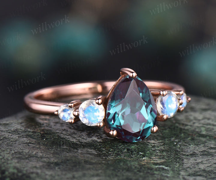 Alexandrite ring minimalist vintage unique pear shaped Alexandrite engagement ring five stone moonstone ring rose gold silver for women gift