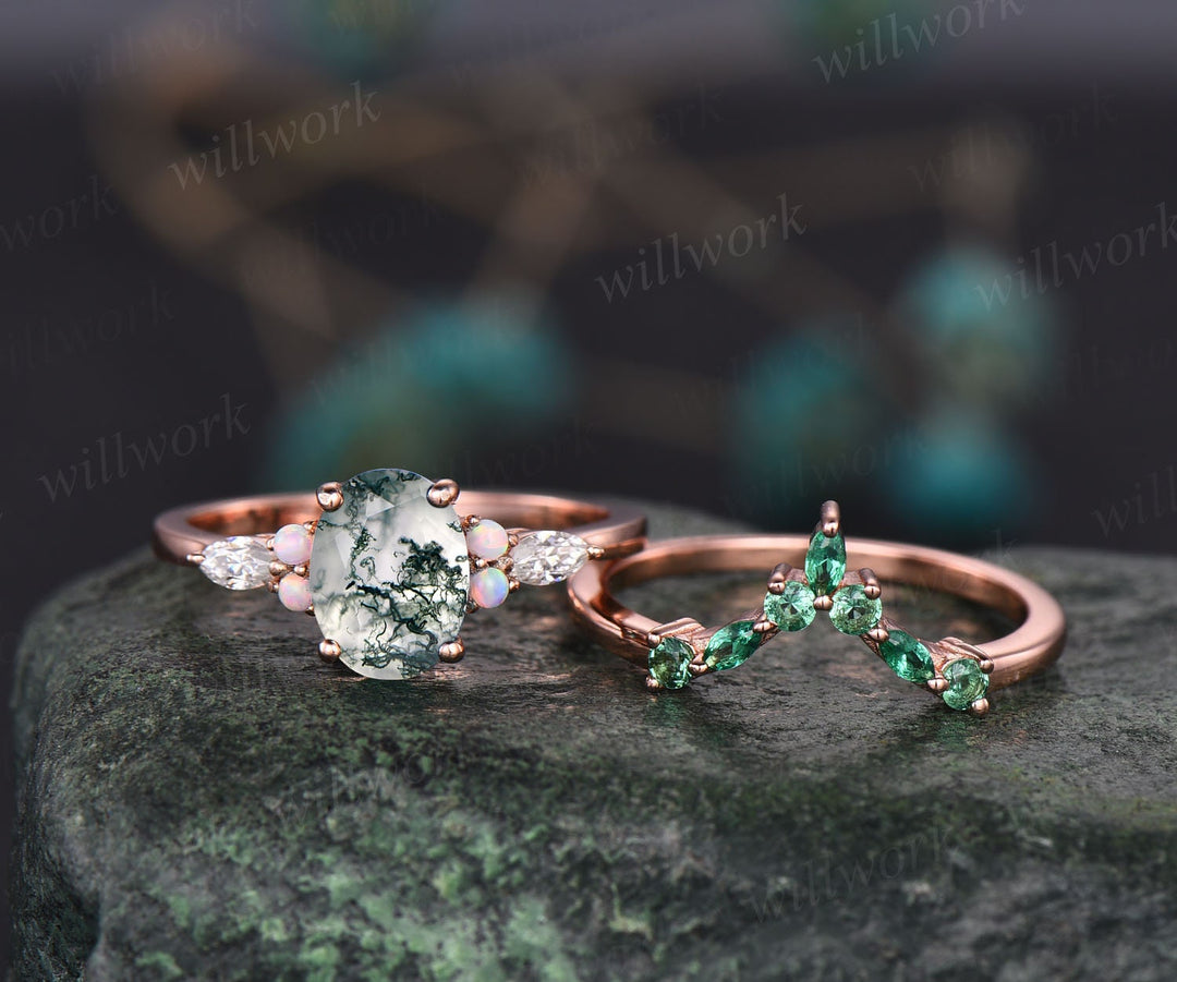 Oval moss agate ring gold for women vintage moss agate engagement ring set opal ring set art deco emerald ring rose gold bridal wedding set