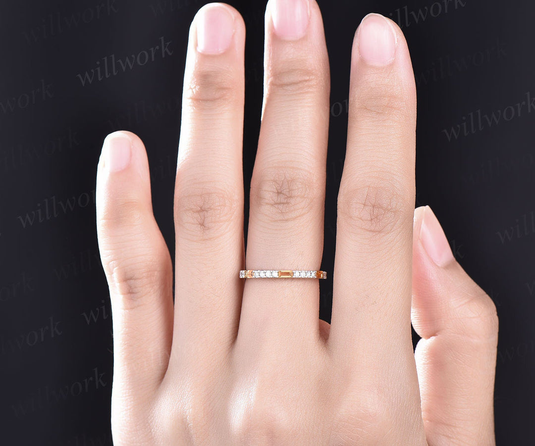 Rectangle citrine wedding ring vintage diamond wedding band solid 14k white gold dainty diamond ring for women bridal anniversary ring gift