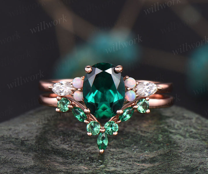 Oval cut emerald ring gold for women vintage emerald engagement ring set art deco rose gold opal ring set dainty moissanite wedding set gift