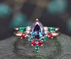 Pear Alexandrite engagement ring set art deco emerald ring set natural ruby ring real diamond ring vintage rose gold unique bridal ring set