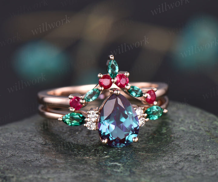 Pear Alexandrite engagement ring set art deco emerald ring set natural ruby ring real diamond ring vintage rose gold unique bridal ring set