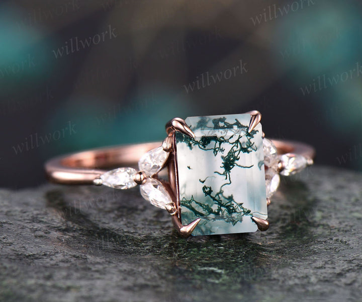 Vintage unique emerald cut green moss agate engagement ring rose gold silver flower pear shaped moissanite ring promise wedding ring women