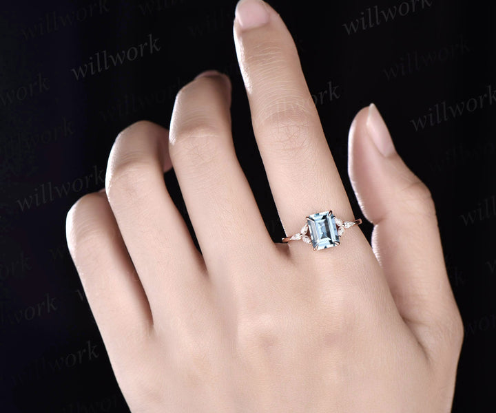 Emerald cut aquamarine engagement ring vintage aquamarine ring rose gold for women dainty custom ring pear moissanite ring promise ring gift