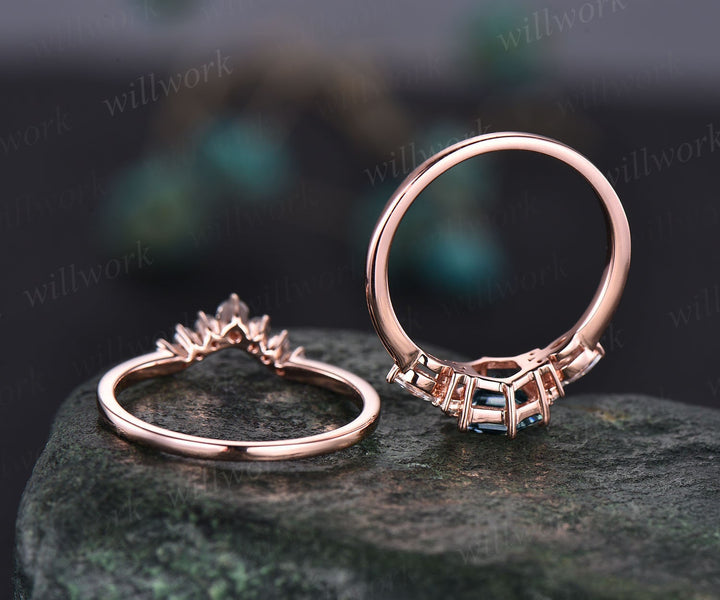 Color change Alexandrite ring set for women hexagon Alexandrite engagement ring set vintage art deco rose gold moissanite wedding ring set