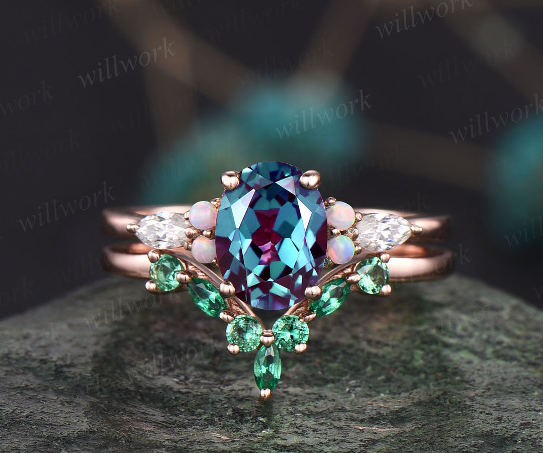 Oval Alexandrite engagement ring set vintage art deco opal ring gold emerald ring band marquise moissanite ring for women bridal ring set