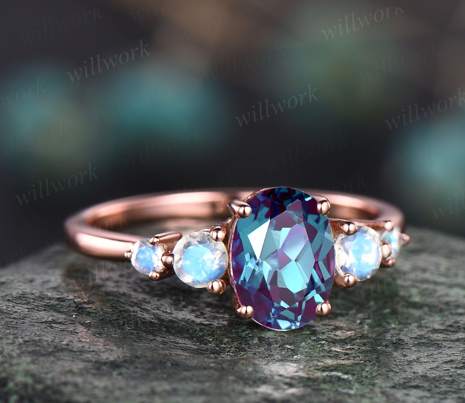 Vintage round cut Alexandrite engagement ring 14k orders rose gold five stone Minimalist marquise cut moissanite ring unique wedding ring for women