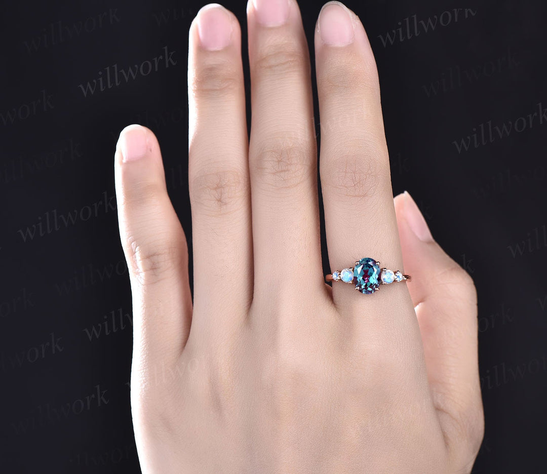 Alexandrite ring minimalist vintage unique oval Alexandrite engagement ring five stone moonstone ring gold silver for women wedding ring